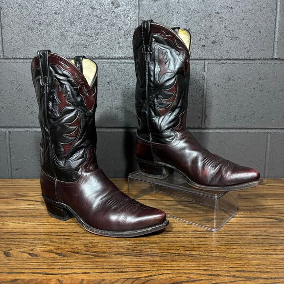 Vintage Dan Post Western Cowboy Boots 10.5 D Black Burgundy Leather Made in USA - Picture 1 of 8